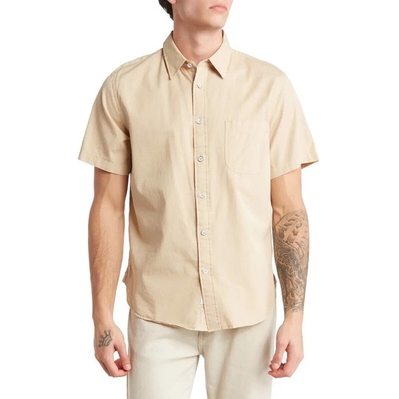 NWT Rag & Bone Men's Gus Solid Short Sleeve Button-Up Shirt WARM KHAKI SIZE S